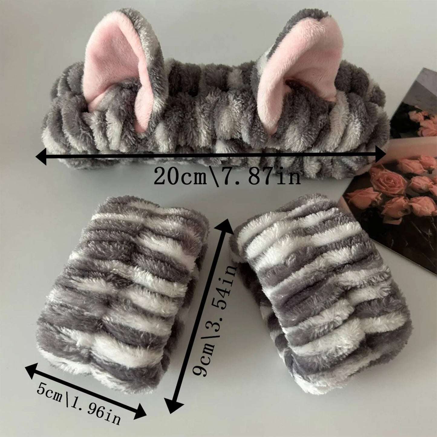 plush cat ears headband set 3pcs including headband and two wristbands in gray and white striped design