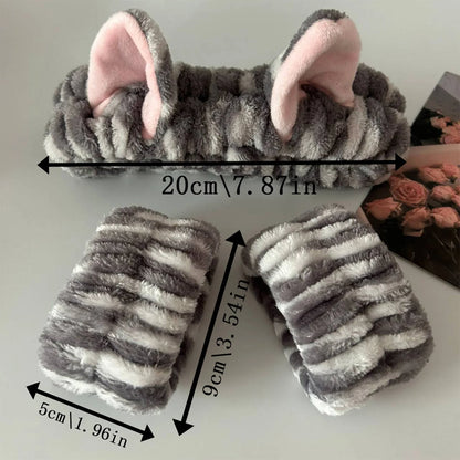 plush cat ears headband set 3pcs including headband and two wristbands in gray and white striped design