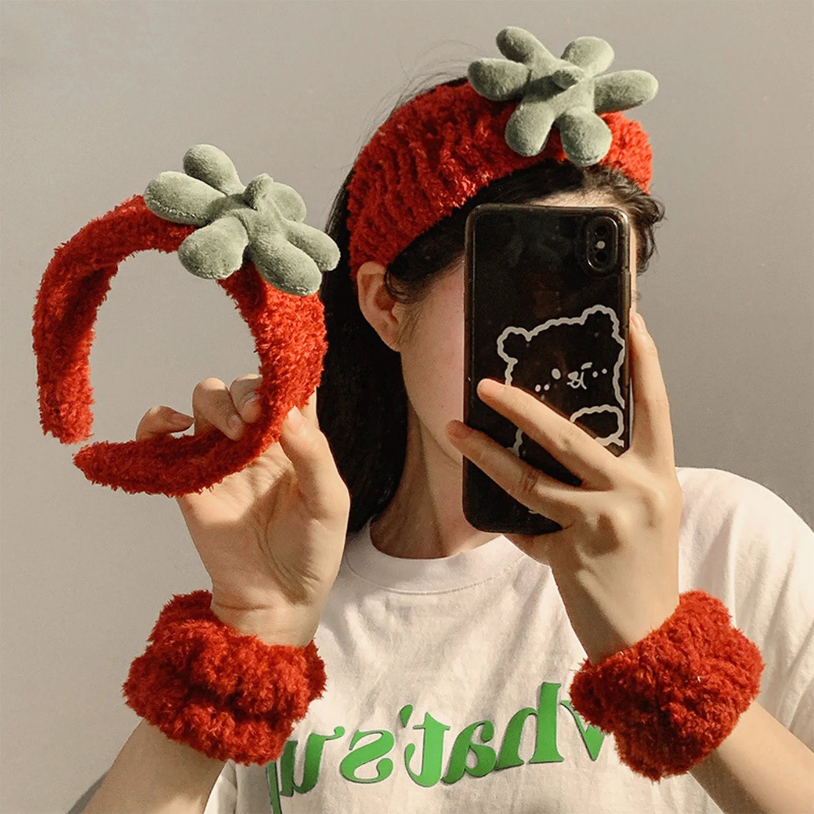 plush cat ears headband set 3pcs showcasing a woman with red plush headband and matching wristbands.