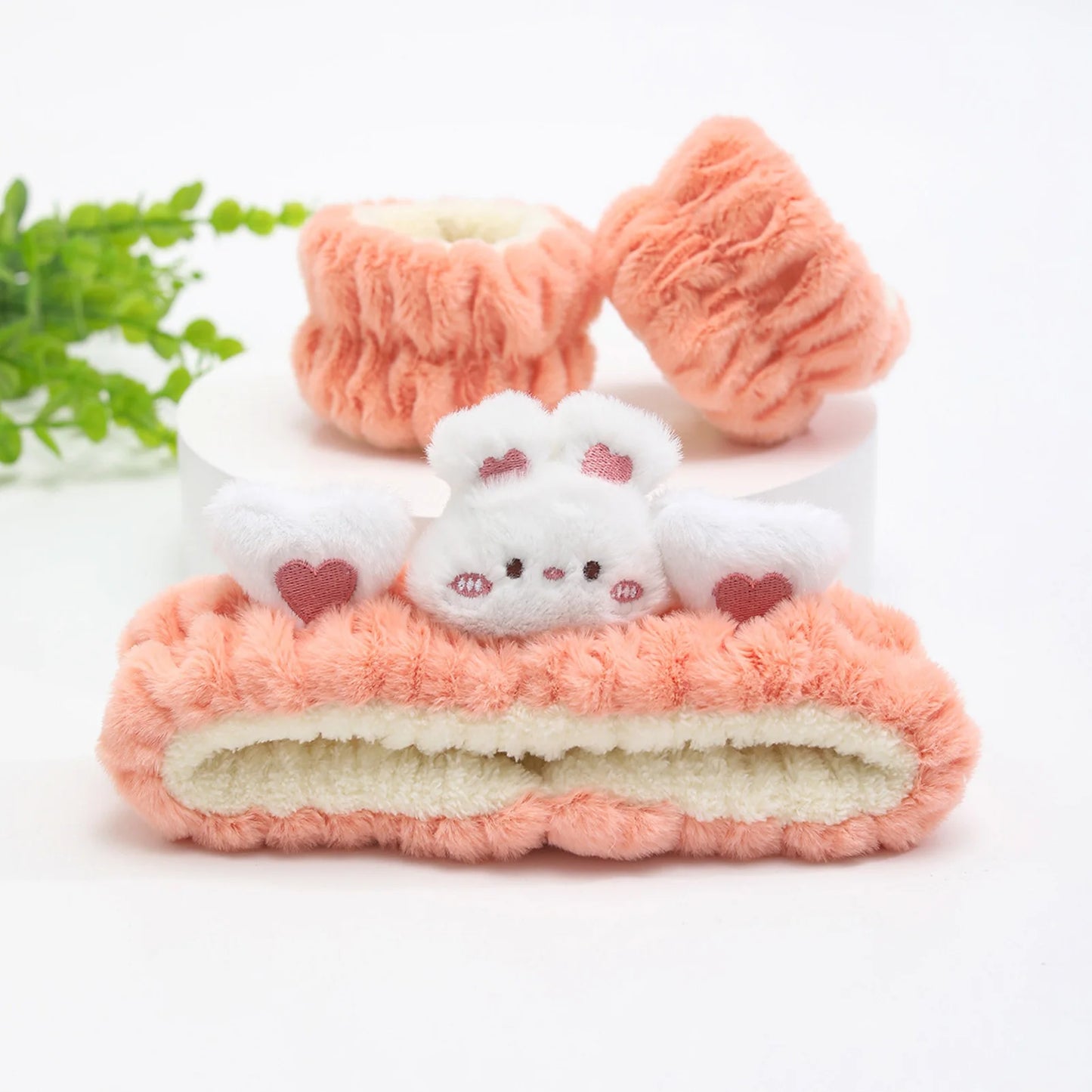plush cat ears headband set 3pcs featuring cute bunny design with pink hearts and soft plush material for skincare and fashion