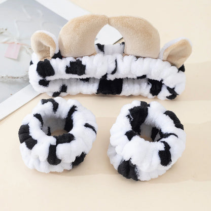 plush cat ears headband set 3pcs with cow print hair ties for girls and women, soft and comfortable for skincare and fashion.