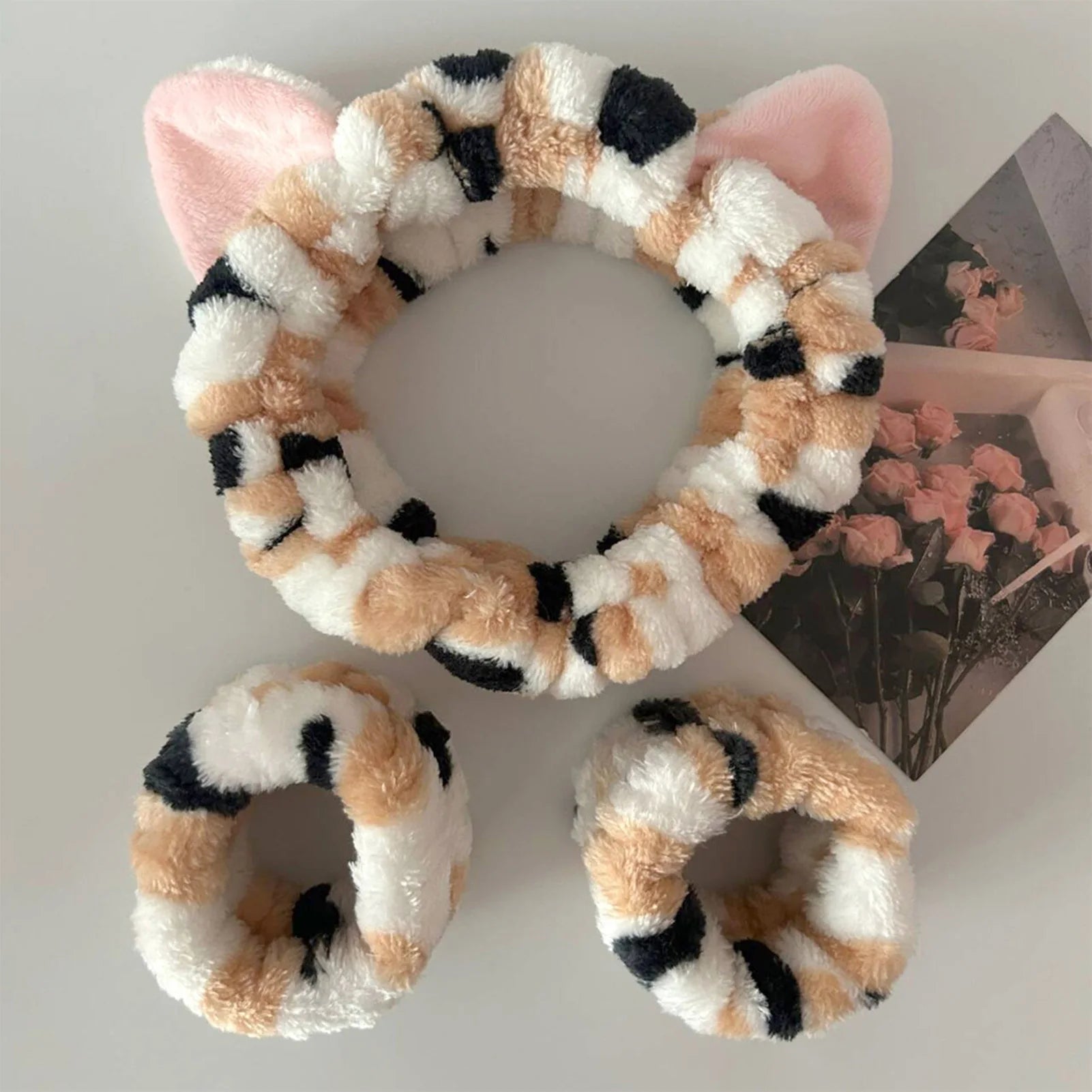 plush cat ears headband set 3pcs with soft plush material and cute cat ear design for fashion and skincare
