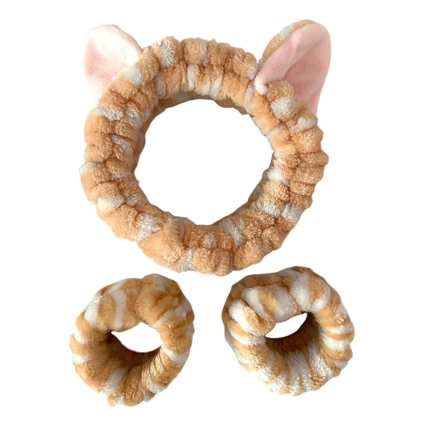 plush cat ears headband set 3pcs, featuring soft plush cat ear design, perfect for cute fashion and skincare.