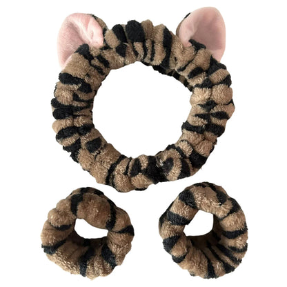 plush cat ears headband set 3pcs featuring soft tiger print design with cute cat ears for girls and women