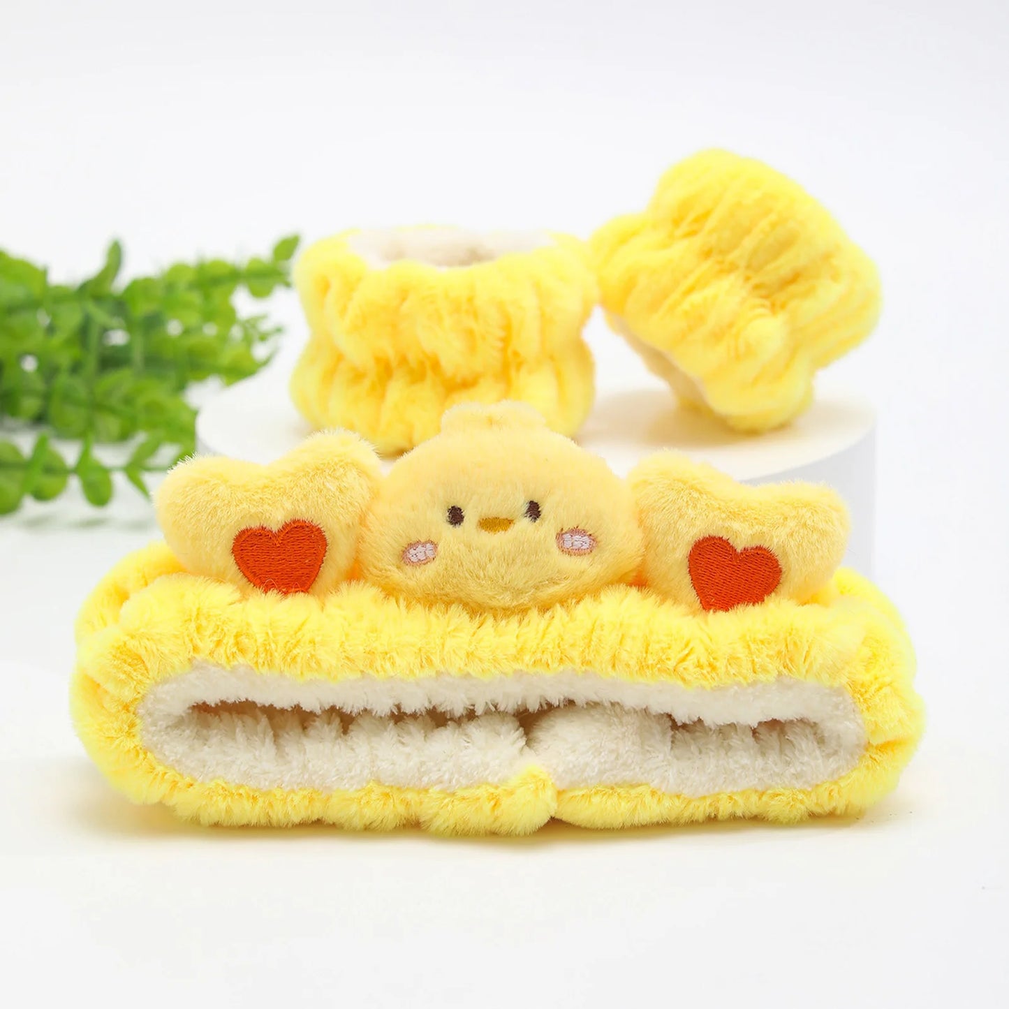 plush cat ears headband set 3pcs featuring soft yellow fabric with cute heart and animal designs