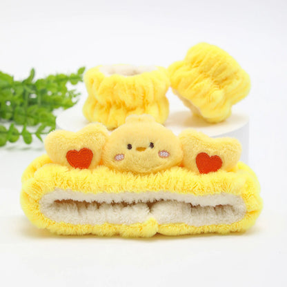plush cat ears headband set 3pcs featuring soft yellow fabric with cute heart and animal designs