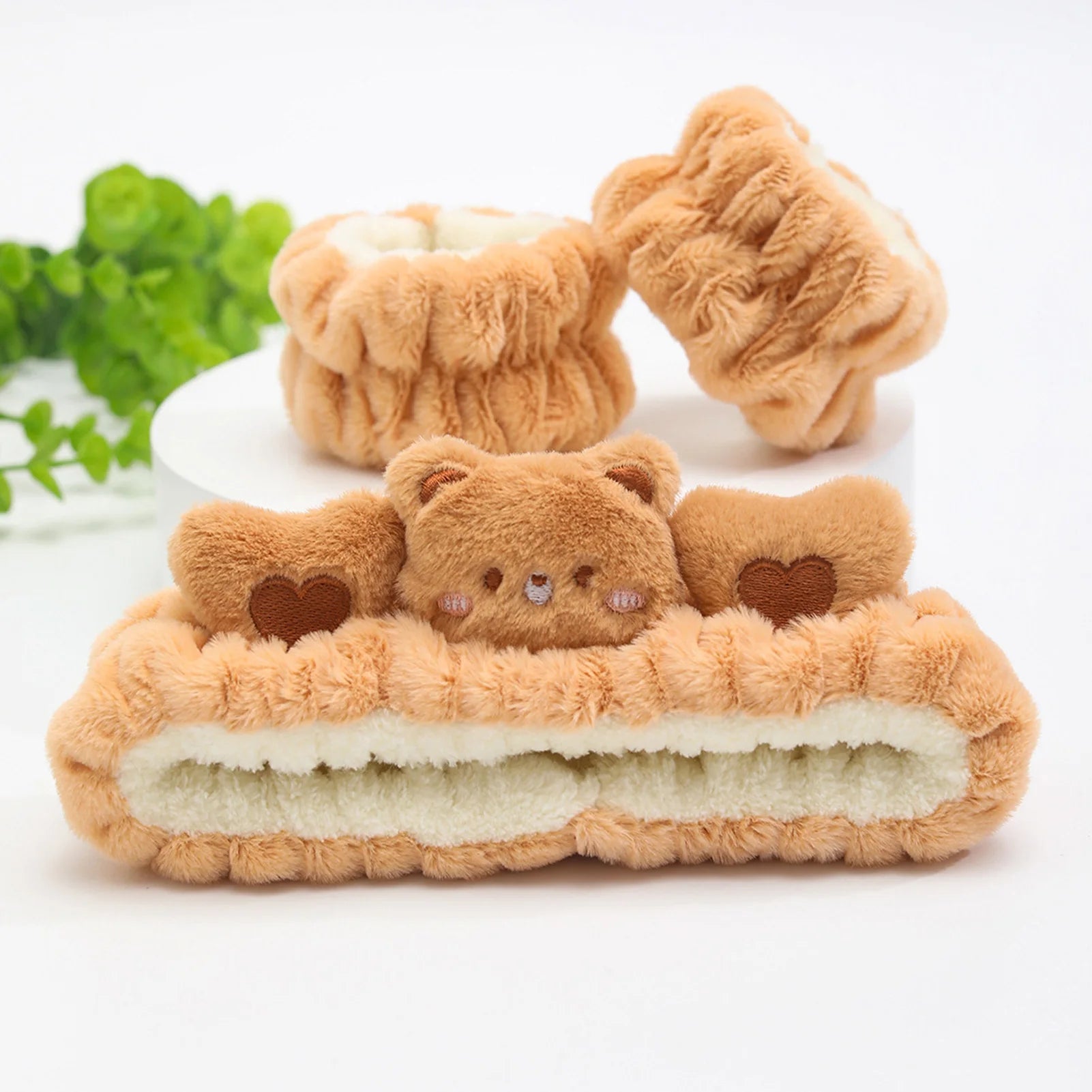 plush cat ears headband set 3pcs featuring soft plush teddy bear design for skincare and fashion fun.