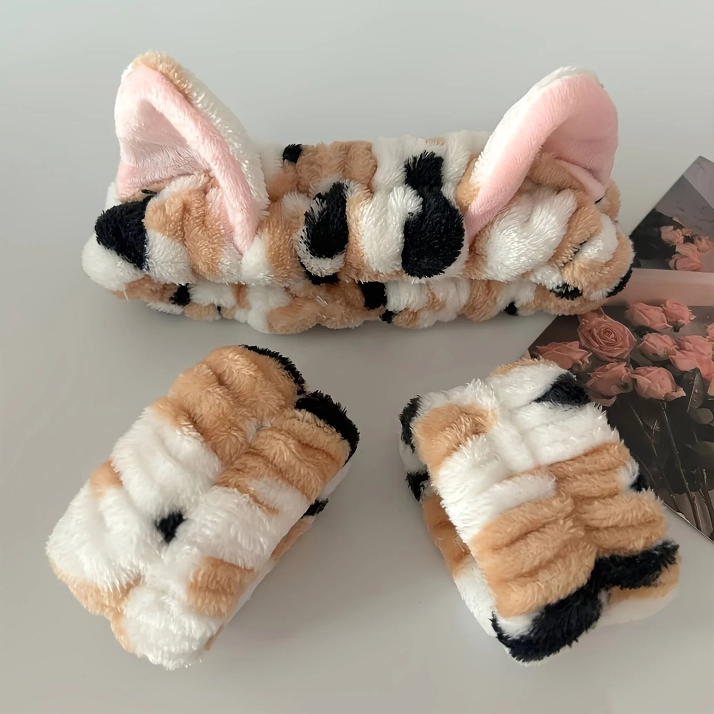 plush cat ears headband set 3pcs featuring soft plush material and cute cat ear design for girls and women.