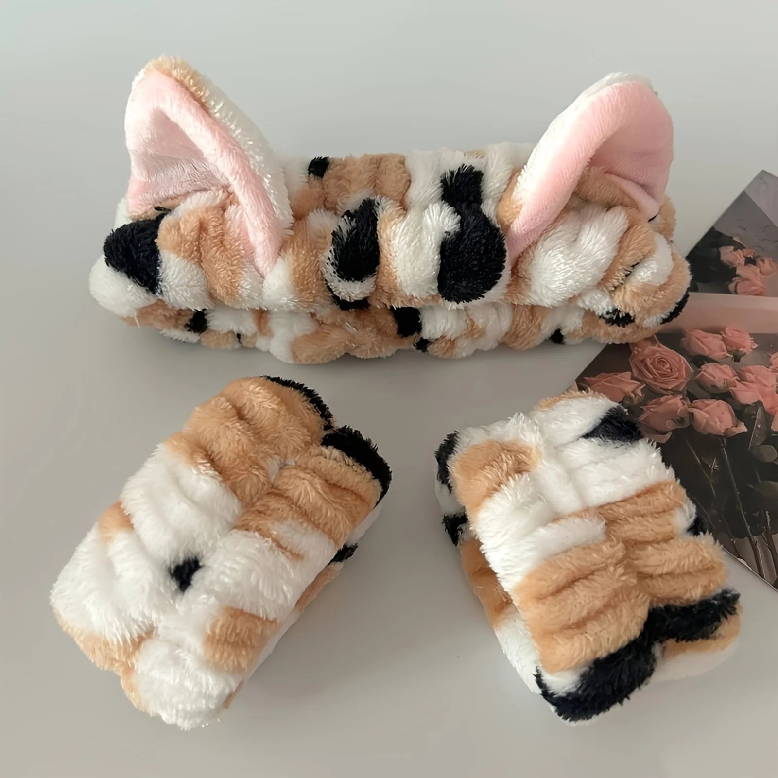 plush cat ears headband set 3pcs featuring soft plush material and cute cat ear design for girls and women.