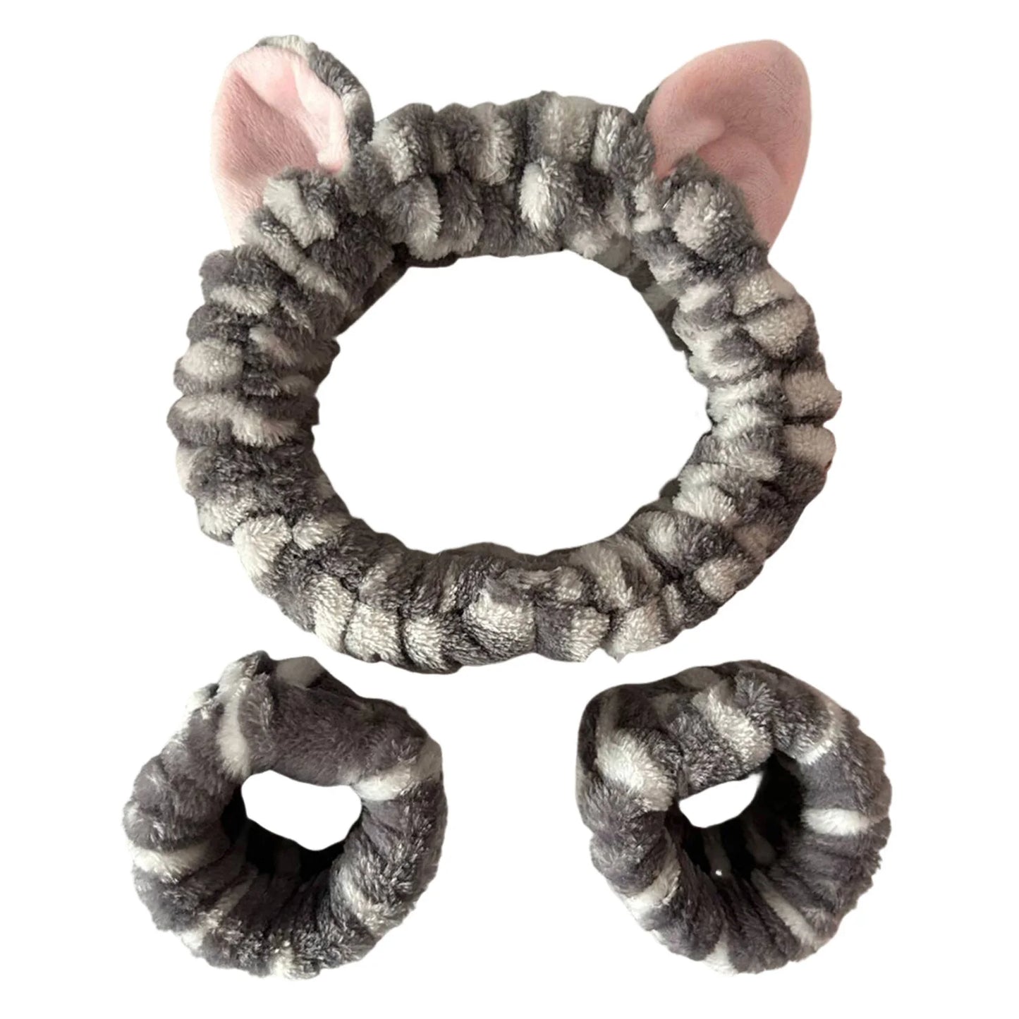 plush cat ears headband set 3pcs featuring soft gray plush with cute cat ear design for girls and women.