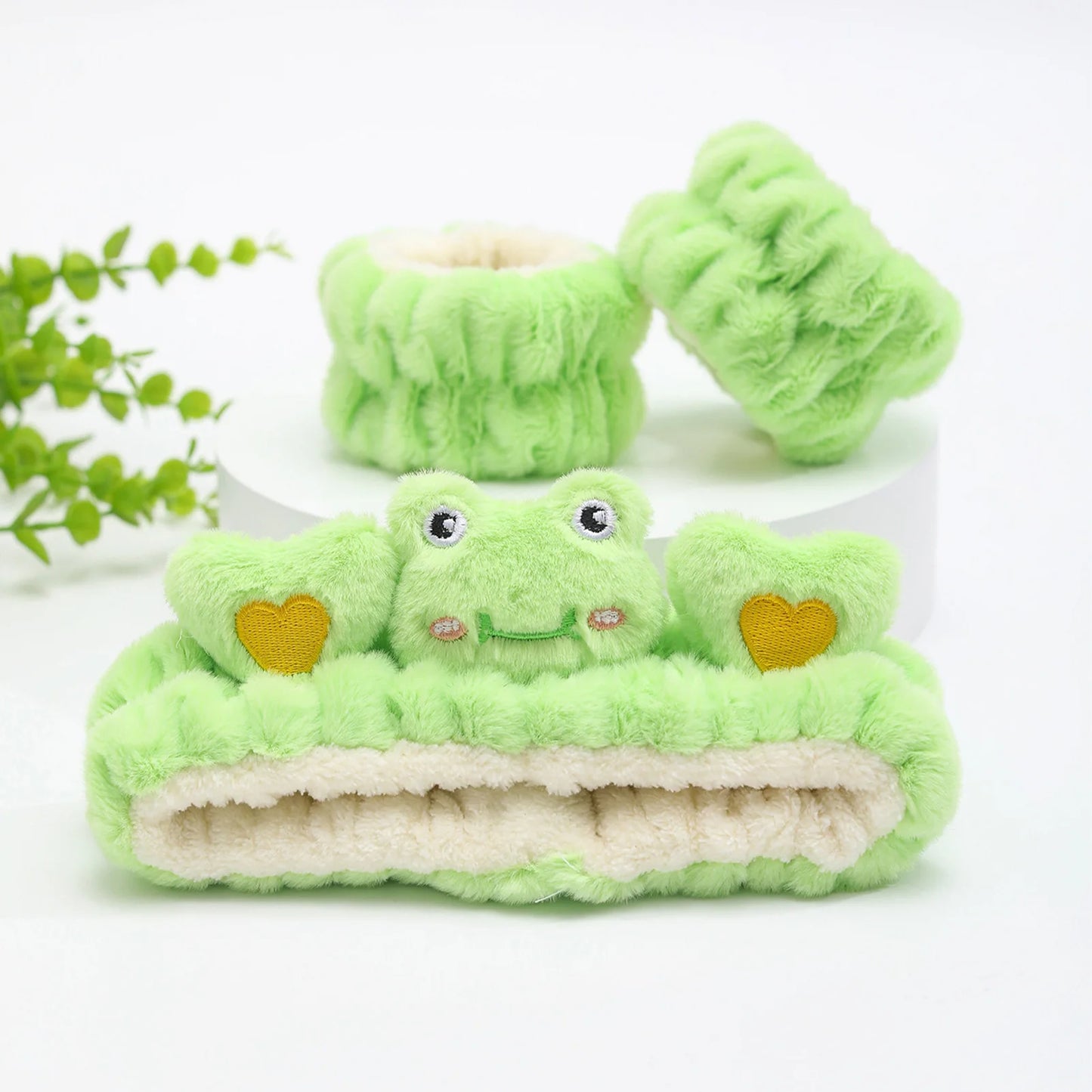plush cat ears headband set 3pcs featuring soft green frog design accessories for skincare and fun.