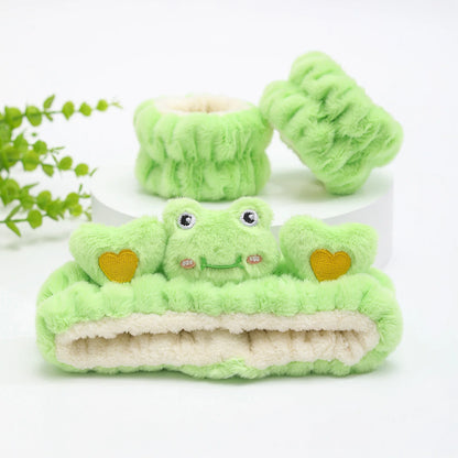 plush cat ears headband set 3pcs featuring soft green frog design accessories for skincare and fun.