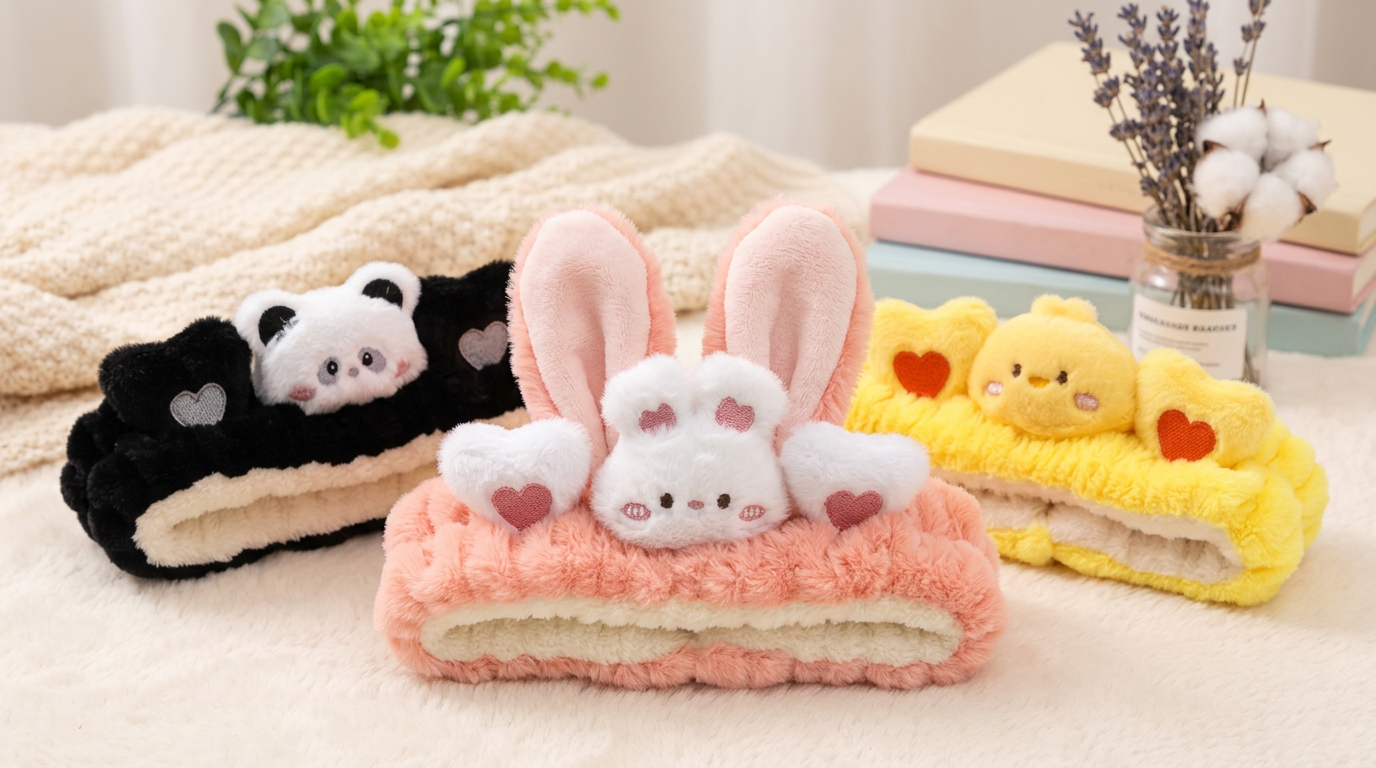 plush cat ears headband set featuring cute animal designs in black, pink, and yellow for comfort and fun